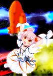  1girl alternate_costume artist_request belt black_bow bow cosplay crossover dress kamen_rider kamen_rider_fourze_(series) kaname_madoka mahou_shoujo_madoka_magica outstretched_arms parody pink_hair rider_belt rocket solo space white_dress 