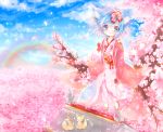  1girl animal_ears blue_eyes blue_hair floral_print flower fox fox_ears fox_tail hair_ribbon highres in_tree japanese_clothes kimono obi original petals rainbow ribbon sandals sash short_hair sitting sitting_in_tree smile tabi tail tree ye_xian 