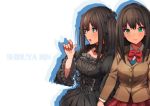  1girl blush bow brown_hair character_name choker collarbone dual_persona erere gothic_lolita green_eyes hair_bow idolmaster idolmaster_cinderella_girls kanzaki_ranko kanzaki_ranko_(cosplay) lolita_fashion long_hair looking_at_viewer open_mouth ribbon school_uniform shibuya_rin shimamura_uzuki shimamura_uzuki_(cosplay) skirt 