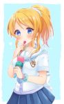  1girl absurdres ayase_eli blonde_hair blue_eyes blush breasts food highres ice_cream ice_cream_cone looking_at_viewer love_live!_school_idol_project ponytail skirt solo spoon 
