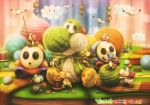  2015 artist_name bird buttons clouds colorful copyright_name highres holding knitting_needle needle no_humans pointing shy_guy sitting spool standing stitches sui_(petit_comet) thread wool yarn yarnball yoshi yoshi&#039;s_woolly_world 