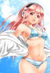  1girl bikini blue_sky breasts cleavage clouds headphones highres large_breasts long_hair looking_at_viewer nitroplus nora_wanko open_mouth pink_hair red_eyes skindentation sky smile solo star_print striped striped_bikini striped_swimsuit super_sonico swimsuit underboob 