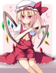  1girl ascot blonde_hair bow dress eating flandre_scarlet food food_on_face hat hat_bow mob_cap ominaeshi_(takenoko) puffy_short_sleeves puffy_sleeves red_dress red_eyes shirt short_sleeves side_ponytail solo touhou wings 