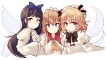  3girls black_hair blonde_hair bow brown_hair dress drill_hair hair_bow hat long_hair luna_child multiple_girls red_eyes ribbon short_hair simple_background smile star_sapphire sunny_milk touhou uranaishi_(miraura) white_background wings yellow_eyes 