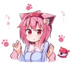  1girl animal_ears bow cat_ears hair_bow heart kemonomimi_mode komeiji_satori long_sleeves looking_at_viewer ominaeshi_(takenoko) open_mouth paw_print pink_eyes pink_hair shirt solo third_eye touhou upper_body wide_sleeves 