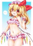  1girl :d bikini blonde_hair blush breasts flandre_scarlet frilled_bikini frills looking_at_viewer mob_cap navel nervous nervous_smile open_mouth red_eyes short_hair_with_long_locks small_breasts smile solo spoken_blush suzuka_sario swimsuit touhou under_boob wings wrist_cuffs 