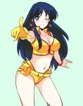  1girl aqua_background belly blue_eyes blue_hair bracelet breasts cleavage dirty_pair earrings gloves jewelry looking_at_viewer midriff navel one_eye_closed pointing pointing_at_viewer single_glove solo thighs yellow_gloves yoshii_yumi yuri_(dirty_pair) 