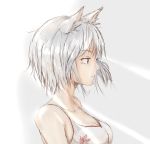  1girl absurdres animal_ears bare_shoulders breasts cleavage collarbone highres homo_1121 inubashiri_momiji no_hat profile red_eyes short_hair silver_hair solo touhou wolf_ears 
