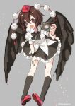  1girl :d black_legwear black_wings blush bow breasts brown_eyes brown_hair camera fang frilled_skirt frills leaning_forward looking_at_viewer miniskirt open_mouth pigeon-toed pom_pom_(clothes) red_shoes shameimaru_aya shoes skirt smile socks solo suzuka_sario touhou wings wristband 