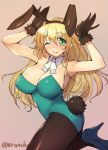  1girl alternate_costume animal_ears aqua_eyes armpits atago_(kantai_collection) bare_shoulders black_gloves black_legwear blonde_hair breasts bunny_ears_gesture bunny_tail bunnysuit gloves hair_between_eyes high_heels kantai_collection large_breasts leotard long_hair off_shoulder one_eye_closed pantyhose playboy_bunny_leotard rabbit_ears smile solo standing_on_one_leg tail takeda_aranobu wrist_cuffs 