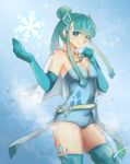  1girl bangs bare_shoulders belt blue_clothes blue_eyes blue_gloves blue_legwear breasts capelet cleavage elbow_gloves glaceon gloves hair_ornament jewelry kang_rag necklace personification pokemon ponytail ribbon snowflakes solo thigh-highs 