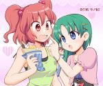  2girls blue_eyes blush breasts casual commentary_request cream crepe green_hair hair_bobbles hair_ornament hairclip manaka_(pdx) multiple_girls offering onozuka_komachi open_mouth red_eyes redhead shiki_eiki short_hair sweatdrop touhou translation_request twintails 