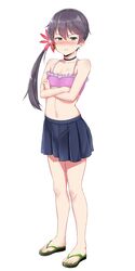  1girl :t akebono_(kantai_collection) bell bikini_top blush chizurusou_(tiduru_39) crossed_arms flat_chest flip-flops flower full_body hair_bell hair_flower hair_ornament highres kantai_collection long_hair pleated_skirt pout purple_hair sandals side_ponytail simple_background skirt solo tears violet_eyes white_background 