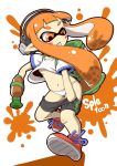  1girl bike_shorts blush breasts gun headphones inkling mask navel orange_eyes orange_hair panties pointy_ears shorts shorts_pull splatoon tentacle_hair tentacles under_boob underwear wardrobe_malfunction weapon white_panties zannen_na_hito 