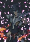  1boy armor blue_hair fire glowing glowing_eyes male_focus phoenix_ikki saint_seiya solo tsukasaki_haruko 