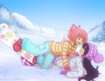  2girls accident akemi_homura black_hair caffeccino face-to-face falling girl_on_top gloves hat highres hoodie kaname_madoka long_hair lying mahou_shoujo_madoka_magica mountain multiple_girls outdoors pants pink_hair pom_pom_(clothes) ponytail scenery skirt skirt_lift sky smile snow snowboard striped winter winter_clothes 