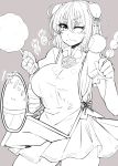  1girl bandages breasts bun_cover candy_apple chinese_clothes cotton_candy double_bun eating flower highres ibaraki_kasen large_breasts monochrome one_eye_closed roki_(hirokix) rose short_hair solo stomach_growling tabard touhou 
