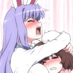  2girls animal_ears blush breast_smother breasts brown_hair clenched_teeth commentary_request crying hug inaba_tewi large_breasts long_hair multiple_girls one_eye_closed open_mouth purple_hair rabbit_ears reisen_udongein_inaba shirosato short_hair sweat touhou 