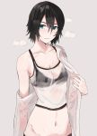  1girl aqua_eyes black_bra bra collarbone dripping flat_chest grey_background hair_between_eyes hot looking_at_viewer navel ogros original see-through short_hair simple_background solo sweat sweating sweating_profusely tank_top underwear upper_body wet wet_clothes 