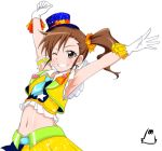  1girl armband armpits arms_up brown_eyes brown_hair futami_mami glitter gloves grin hat heart idolmaster idolmaster_one_for_all jabara921 looking_at_viewer midriff navel one_eye_closed scrunchie short_necktie side_ponytail smile solo star top_hat 