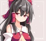  1girl ascot bare_shoulders black_hair bow detached_sleeves dress hair_bow hair_tubes hakurei_reimu looking_at_viewer ominaeshi_(takenoko) red_dress red_eyes solo touhou upper_body 