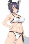  1girl bikini breasts cleavage collarbone eyepatch hand_on_hip headgear kantai_collection looking_at_viewer navel new_yukuyon open_mouth purple_hair short_hair sideboob swimsuit tenryuu_(kantai_collection) white_background yellow_eyes 