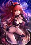  1girl armlet black_gloves breasts bridal_gauntlets finger_to_mouth floating_hair gloves hair_between_eyes hisahisahisahisa horns leaning_forward long_hair looking_at_viewer lord_of_vermilion_iii moon original pointy_ears red_eyes redhead solo thigh-highs 