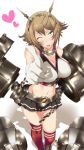  1girl bare_shoulders blush breasts brown_hair chain cleavage gloves hairband headgear heart highres kantai_collection looking_at_viewer midriff miniskirt mutsu_(kantai_collection) navel one_eye_closed red_legwear shinoji_(shin_status) short_hair skirt smile solo thigh-highs turret white_background white_gloves yellow_eyes 