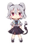  1girl :&lt; adapted_costume akagashi_hagane animal animal_ears arms_behind_back black_ribbon black_shoes black_skirt blush_stickers bobby_socks capelet chibi dress_shirt grey_hair grey_shirt hair_between_eyes hair_ornament hairclip jewelry looking_at_viewer mary_janes mouse mouse_ears mouse_tail nazrin open_mouth pendant puffy_short_sleeves puffy_sleeves red_eyes ribbon shirt shoes short_hair short_sleeves simple_background skirt socks solo tail tail_ribbon touhou triangle_mouth white_background 