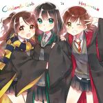  3girls brown_eyes brown_hair green_eyes harry_potter hogwarts_uniform honda_mio idolmaster idolmaster_cinderella_girls long_hair manle multiple_girls necktie open_mouth scarf school_uniform shibuya_rin shimamura_uzuki short_hair side_ponytail smile wide_sleeves 