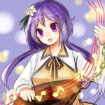  1girl biwa_lute bow hair_bow instrument low_twintails lowres lute_(instrument) mayo_(mayomr29) open_mouth purple_hair solo touhou tsukumo_benben twintails violet_eyes 