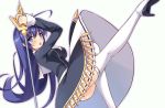  1girl ahoge blue_eyes blue_hair boots breasts chestnut_mouth hairband huge_ahoge iroha_(unyun) leg_up long_hair orie_(under_night_in-birth) rapier solo sword thigh-highs thigh_boots under_night_in-birth very_long_hair weapon white_legwear 