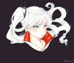  1girl :&lt; artist_name black_background blue_eyes character_name earrings english high_collar jewelry long_hair looking_to_the_side necklace otakumi pendant ponytail portrait rwby scar scar_across_eye side_ponytail solo tiara weiss_schnee white_hair 