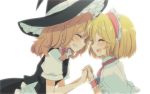  2girls alice_margatroid aoi_(annbi) blonde_hair blush capelet closed_eyes forehead-to-forehead grin hairband hat holding_hands interlocked_fingers kirisame_marisa lolita_hairband multiple_girls open_mouth puffy_short_sleeves puffy_sleeves shirt short_sleeves skirt skirt_set smile touhou vest witch_hat wrist_cuffs yuri 