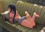  1girl ass back backless_outfit bare_legs bare_shoulders barefoot black_hair blue_eyes couch dress dungeon_ni_deai_wo_motomeru_no_wa_machigatteiru_darou_ka hair_ornament hestia_(danmachi) legs_up long_hair looking_at_viewer looking_back lying on_couch on_stomach oxxo_(dlengur) pillow pillow_hug rei_no_himo short_dress smile soles solo twintails very_long_hair white_dress 