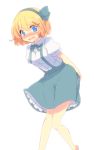  1girl alice_margatroid alice_margatroid_(cosplay) alice_margatroid_(pc-98) aoi_(annbi) bent_over blonde_hair blue_eyes blush breasts embarrassed hair_ribbon large_breasts open_mouth puffy_short_sleeves puffy_sleeves ribbon shirt short_sleeves skirt solo suspenders touhou wavy_mouth 