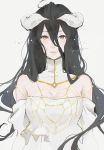  1girl albedo bare_shoulders black_hair breasts cleavage demon_girl detached_collar dress hair hair_between_eyes horns light_smile long long_hair looking_at_viewer off-shoulder_dress overlord_(maruyama) pale_skin simple_background solo strapless_dress tae upper_body very_long_hair white_background white_dress yellow_eyes 