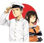  1boy 1girl adjusting_clothes adjusting_hat admiral_(kantai_collection) black_gloves brown_eyes brown_hair buttons crossed_arms elbow_gloves gloves grey_eyes hat hiro_(chumo) japanese_flag kantai_collection military military_uniform outline peaked_cap school_uniform sendai_(kantai_collection) serafuku short_hair short_sleeves simple_background two_side_up uniform white_background 