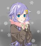  1girl alternate_costume blue_eyes breath checkered_scarf commentary_request crescent crescent_hair_ornament gloves grey_background hair_ornament hairpin kantai_collection long_sleeves open_mouth pink_scarf purple_hair scarf short_hair short_hair_with_long_locks simple_background snow snowflakes snowing solo sou_kana steam sweater twitter_username yayoi_(kantai_collection) 