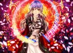  1girl beads blush brown_eyes brown_hair dress gradient_hair hijiri_byakuren long_hair long_sleeves looking_at_viewer multicolored_hair natsume_k petals puffy_sleeves purple_hair smile solo sorcerer&#039;s_sutra_scroll touhou turtleneck two-tone_hair 