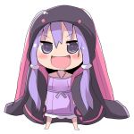  1girl alternate_costume chibi doma_umaru hair_ornament highres himouto!_umaru-chan hood kuromu_(underporno) long_hair looking_at_viewer open_mouth parody purple_hair saliva twintails violet_eyes vocaloid yuzuki_yukari 