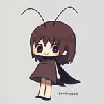  1girl :&gt; antennae ayu_(mog) bangs black_eyes blush brown_hair cockroach english full_body grey_background insect lowres original personification simple_background solo 