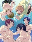  5boys black_hair blonde_hair blue_eyes brown_hair bubble chigira free! goggles goggles_around_neck green_eyes hazuki_nagisa hoodie jammers male_focus matsuoka_rin multiple_boys nanase_haruka_(free!) open_mouth pink_eyes red_eyes redhead ryuugazaki_rei smile tachibana_makoto underwater violet_eyes 