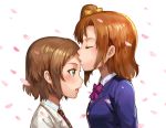  2girls brown_hair cherry_blossoms closed_eyes forehead_kiss green_eyes kira_tsubasa kiss kousaka_honoka lips love_live!_school_idol_project multiple_girls necktie open_mouth profile rainmood school_uniform short_hair side_ponytail 