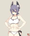  1girl bikini checkered checkered_necktie groin hands_on_stomach headgear kantai_collection looking_down navel necktie purple_hair short_hair skindentation solo souji sweatdrop swimsuit tenryuu_(kantai_collection) weight_conscious white_bikini white_swimsuit yellow_eyes 