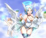  1boy 1girl angel angel_wings bare_shoulders black_legwear blue_eyes blue_hair blush breasts cleavage detached_sleeves dress e-kichi feathered_wings grin halo head_wings large_breasts multiple_wings open_mouth panties pantyshot pointy_ears shingeki_no_bahamut short_hair side_slit smile surprised thigh-highs underwear white_dress white_panties wings 