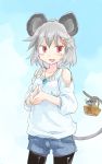  1girl animal_ears basket black_legwear blush casual collarbone contemporary grey_hair highres jewelry looking_at_viewer mouse mouse_ears mouse_tail nazrin open_mouth pantyhose pendant red_eyes sape_(saperon_black) short_hair shorts simple_background solo sunglasses tail touhou 