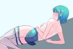  1girl back bare_shoulders blue_eyes blue_hair blush hair_ornament hairclip lying magical_girl mahou_shoujo_madoka_magica mahou_shoujo_madoka_magica_movie miki_sayaka momoko_(palemon) no_bra on_side skirt solo thigh-highs topless zettai_ryouiki 