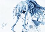  1girl absurdres braid french_braid from_behind hidan_no_aria highres jeanne_d&#039;arc_(hidan_no_aria) long_hair looking_back lynx12 mechanical_pencil monochrome pencil ponytail school_uniform serafuku signature solo traditional_media 