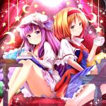  2girls alice_margatroid ayase_midori barefoot blonde_hair blush book capelet crescent cup hairband long_hair looking_at_viewer multiple_girls patchouli_knowledge pie short_hair sitting smile star table teacup teapot touhou violet_eyes yellow_eyes 